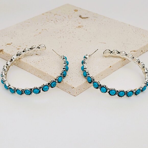 Solid 925 Sterling Silver Turquoise Hoop Womens Earrings Ladies Hoops Jewelry - Picture 4 of 5